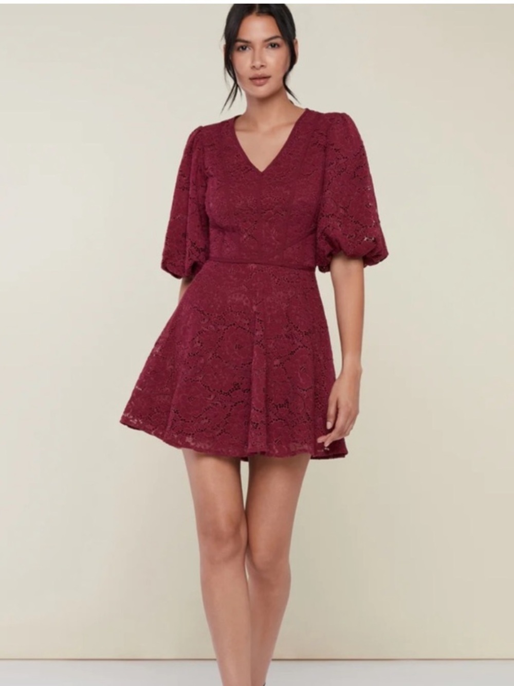 Rachel Parcell Burgundy Lace V-Neck Puff Sleeve Mini Dress